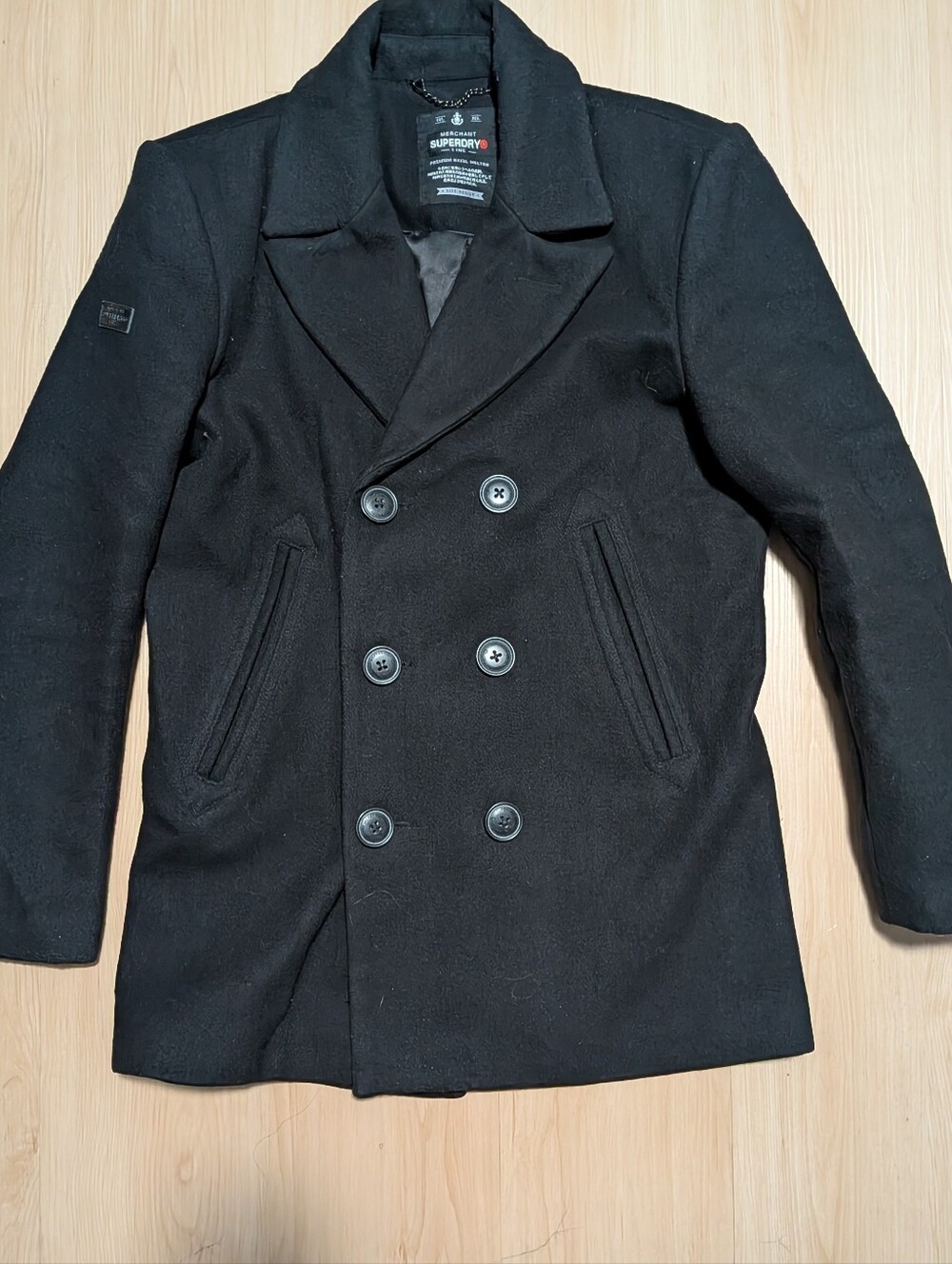 Superdry Men's Rookie Merchant Line Black Wool Blend Peacoat Size Medium